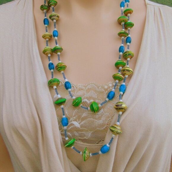 HANDMADE Boho Recycled Paper & Glass Beaded Necklace X-Long - Picture 1 of 4